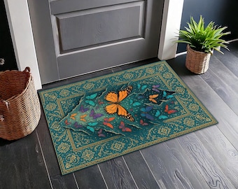 Colorful Butterfly Rug with 3D Effect, Teal Oriental Style Carpet, Boho Nature Floor Decor for Living Room or Bedroom