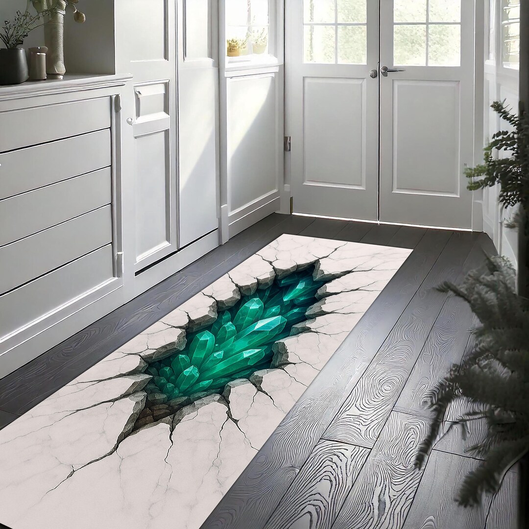 Geode Crystal Rug Crystal Geode Runner Rug – 3D Illusion Green Gemstone Carpet, Unique ...