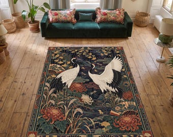 Japanese Crane Area Rug, Art Deco Bird Carpet, Chrysanthemum Ginkgo Design, Maximalist Oriental Style Rug, Washable Living Room Decor