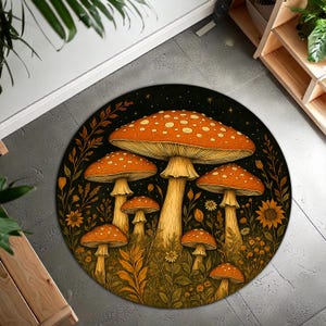 Mushroom Round Rug for Nature Lovers, Whimsical Forest Style Carpet with Red Toadstools, Botanical Decor Accent for Boho or Cottagecore Home