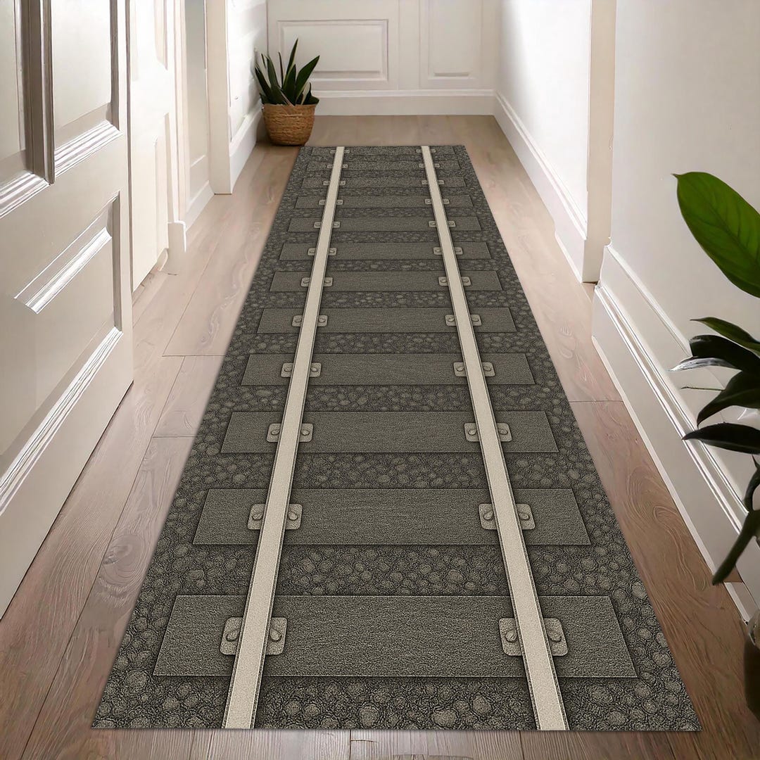 Ariva Train Rug Realistic Railroad Track Patterned Runner Rug With Stone and Wooden Tie ...