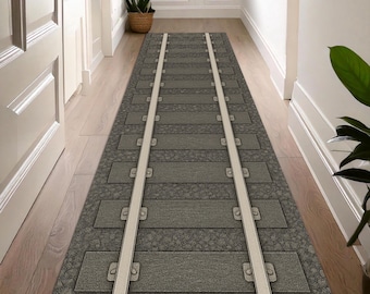 Alfombra de corredor con diseño de vías de tren realistas, con detalles de piedra y traviesas de madera