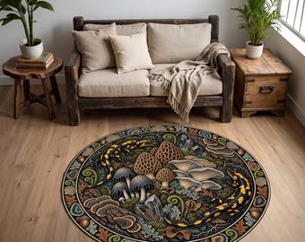 Round Mushroom Rug, Salamander Woodland Circle Carpet, Cottagecore Goblincore Forest Decor, Maximalist Botanical Washable Nature Rug