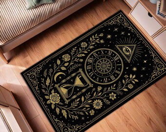 Tappeto Mystic Eye - Tappeto con orologio zodiacale, tappetino con simbolo esoterico, tappeto con clessidra celeste, arredamento occulto boho nero oro