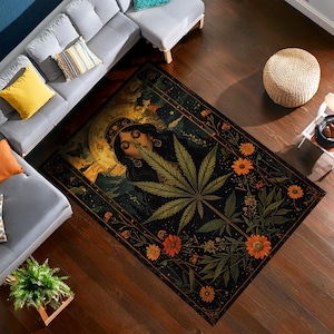 Dywan Mystic Woman – boho kwiatowy dywan z motywem liści, psychodeliczny dywan gobelinowy do pokoju relaksu, psychodeliczny botaniczny wystrój podłogi