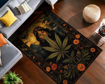 Mystic Woman Rug – Boho Floral Rug with Leaf Motif, Psychedelic Nature Tapestry Carpet for Chill Room, Trippy Botanical Floor Decor
