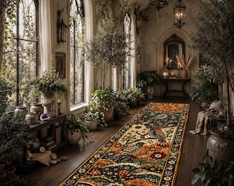 Tappeto passatoia con uccelli celesti, tappeto floreale con cielo notturno, tappeto passatoia botanico per corridoio, tappeto decorativo con motivi naturali