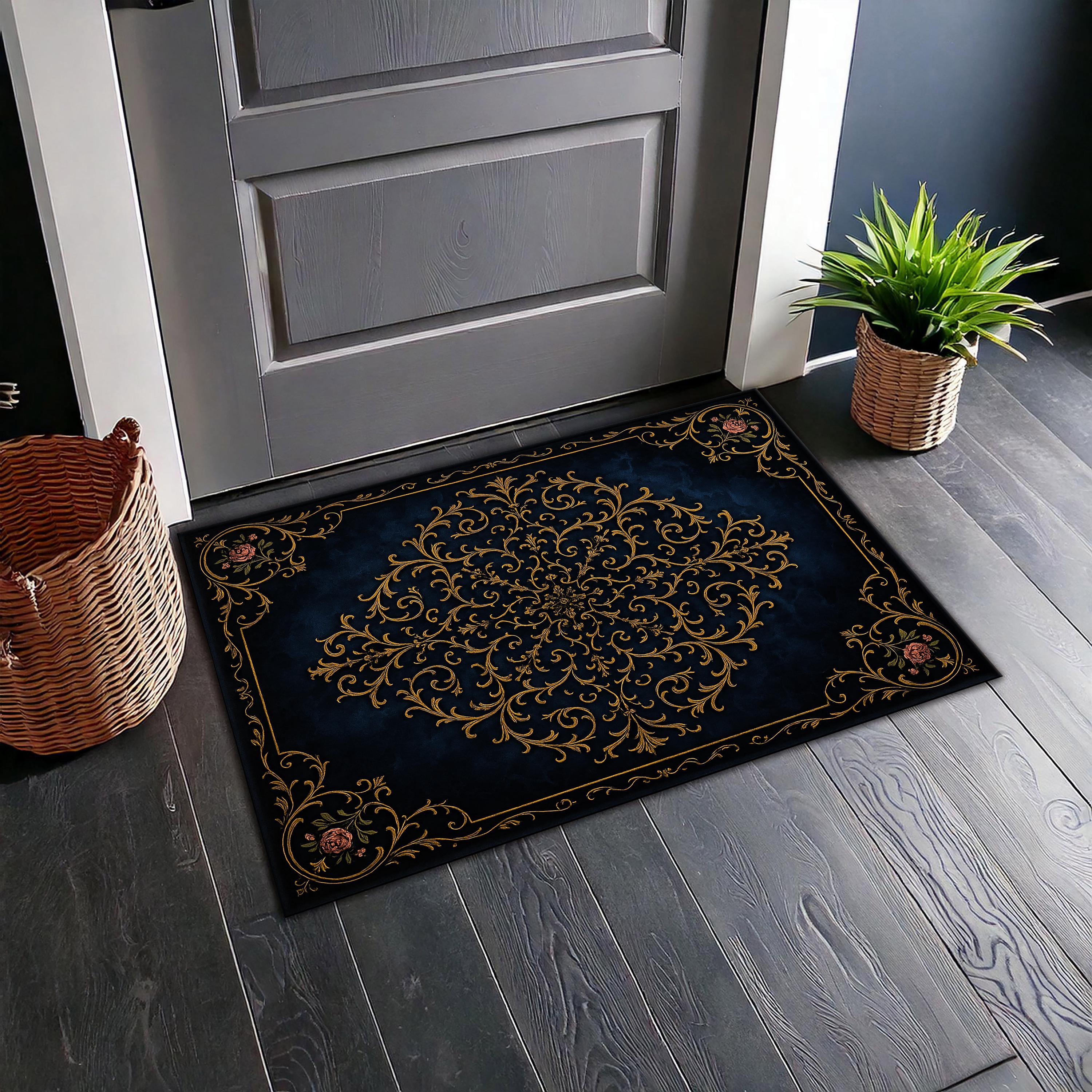 エレガントなバロックラグ - ネイビーブルーとゴールドの花柄装飾