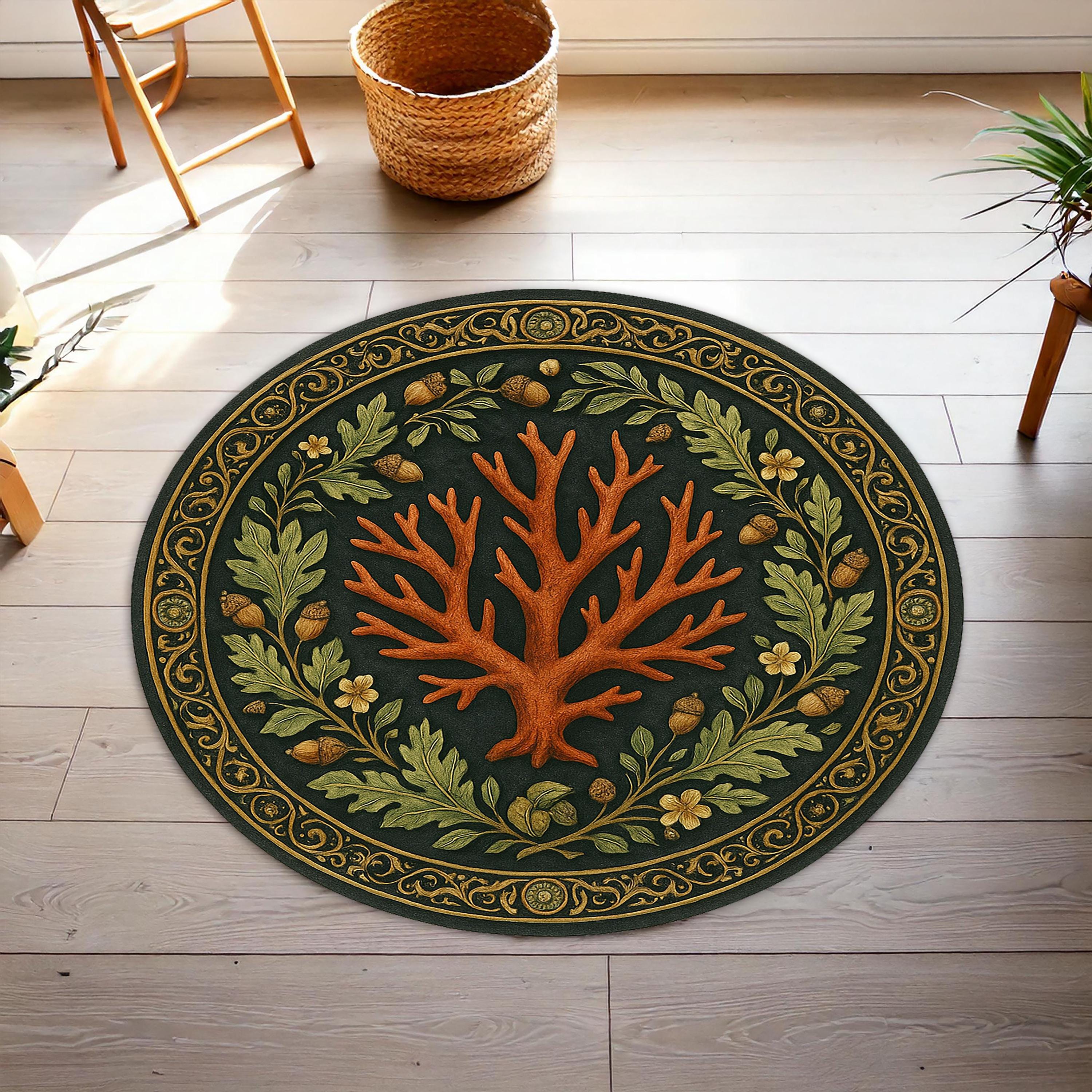 Oak Tree Branch Round Rug – Botanical Nature Rug With Acorns & Leaves ...