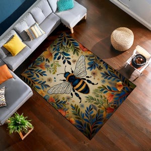 Floral Bee Rug, Honey Bee Rug, Bee Themed Botanical Rug, Boho rug, Aesthetic rug, Flower Rug, Modern Living Room Rug, Kitchen Aesthetic Rug