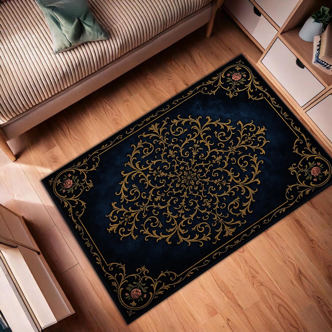エレガントなバロックラグ - ネイビーブルーとゴールドの花柄装飾