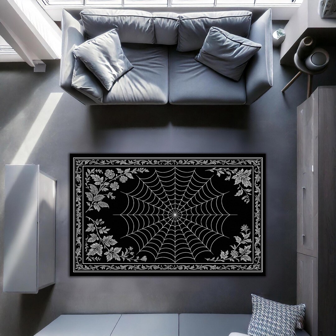 Gothic Spiderweb Rug – Black and White Floral Web Carpet, Dark ...