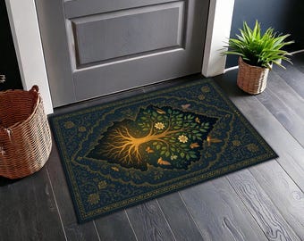 Tree of Life Rug with Roots and Branches, Night Sky Stars Design, Mystical Oriental Style Carpet for Living Room Decor