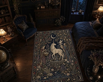 Tappeto Unicorno al Chiaro di Luna, Tappeto Fantasia Celeste, Tappeto da Giardino Mistico, Decorazione Lunare, Tappeto Incantato di Grande Effetto