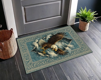 Majestic Eagle Rug with Storm Clouds, Vintage Style Oriental Border, Patriotic Bird Carpet for Living Room or Office
