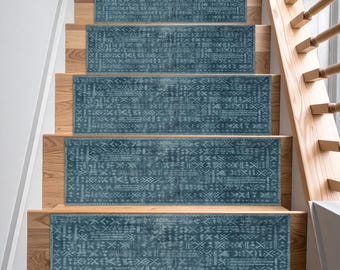 Tappeti antiscivolo blu per scale – Strisce di moquette lavabili e antiscivolo per scale in legno, morbido tappeto a corsia dall'aspetto vissuto per case rustiche