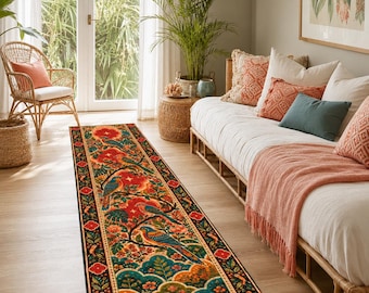 Tappeto a corsia colorato con uccelli, tappeto floreale da corridoio con giardino, tappeto botanico con uccelli, tappeto decorativo in stile rustico