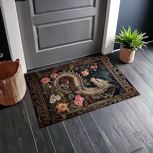 Fantasy Dragon Inspired Rug, Dark Academia Gothic Rug, Fairycore Decor, Magical Dragon Rug, Aesthetic Rug, Floral Dragon Rug