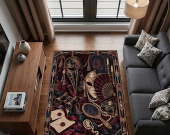 Masquerade Area Rug, Venetian Mask Gothic Decor, Dark Academia Carpet, Burgundy Victorian Maximalist Rug, Washable Statement Floor Art