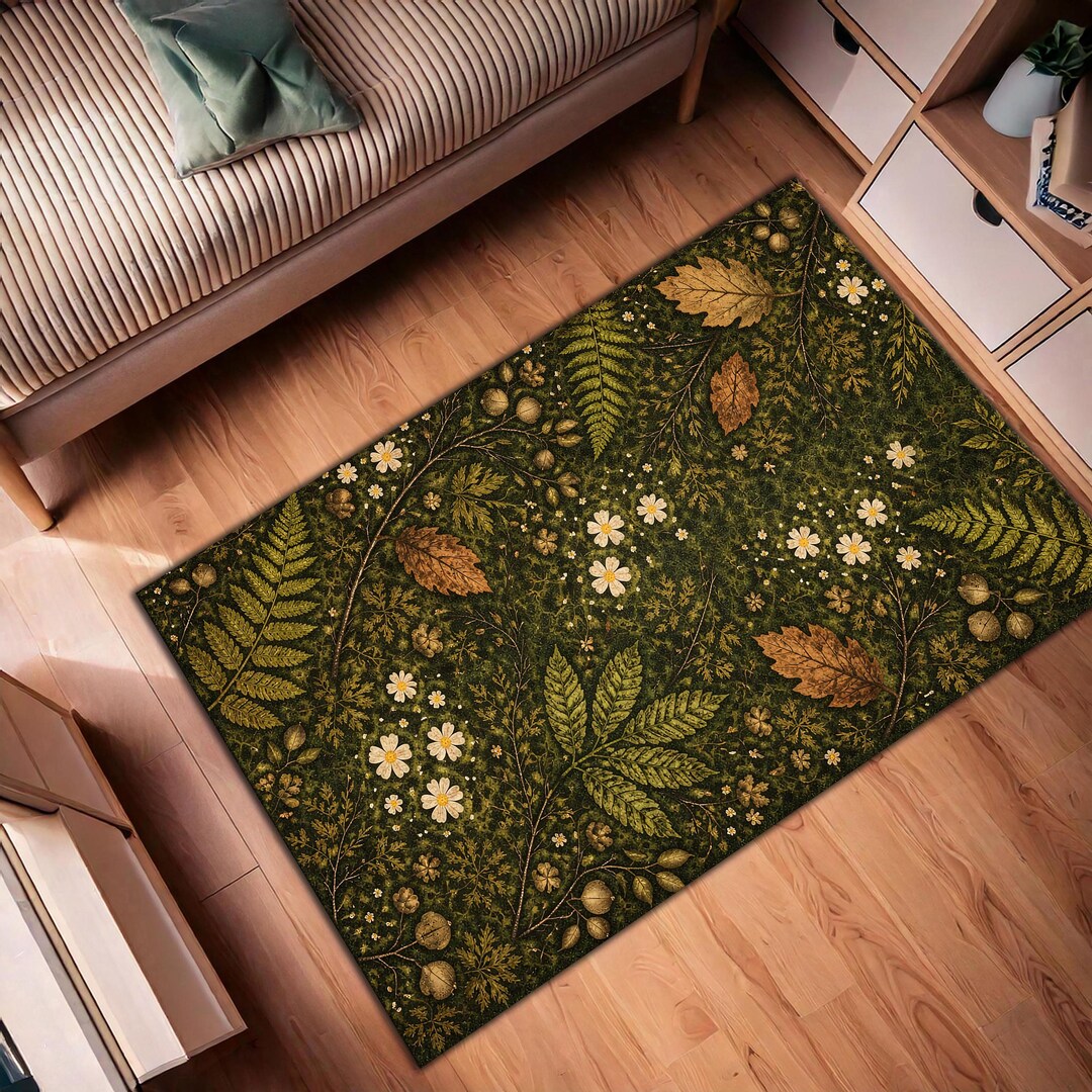 Forest Floor Botanical Rug, Green Leaves and Wildflowers Area Rug ...