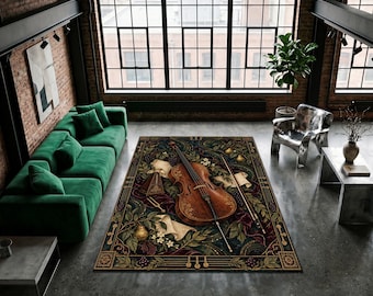 Cello Area Rug, Vintage Music Decor, Dark Academia Botanical Carpet, Maximalist Instrument Rug, Washable Living Room Statement Floor Art