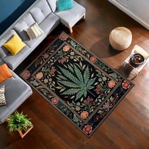 Green Leaf Rug, Floral Area Rug, Flower Leaves Rug, Floral Pattern Design, Party Decor, Psychedelic Trippy Rug, Chill-Out Spaces,Stoner Gift