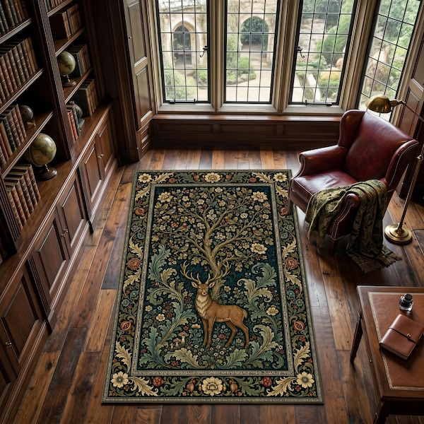 Stag Area Rug, Woodland Forest Decor, Tree of Life Botanical Carpet, William Morris Inspired Nature Rug