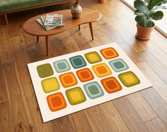 Tappeto in stile Mid-Century Modern, tappeto geometrico retrò, tappeto con motivo astratto anni '70, tappeto colorato in stile vintage, arredamento moderno per la casa.