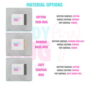 May include: Image detailing rug material options. The choices are Cotton Thin Rug, Rubber Base Rug, and Soft Surface Rug. Each option features a rolled-up rug with the "Candy Rug" logo. The Cotton and Rubber options have a fabric top, while the Soft Surface Rug has a soft short pile.