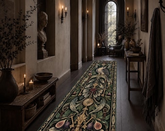 Falcon Runner Rug, Dark Academia Hallway Carpet, Vintage Botanical Bird Runner with Keys Feathers Figs, Gothic Washable Long Narrow Rug