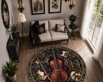 Round Cello Rug, Vintage Music Room Decor, Dark Academia Botanical Circle Rug, Maximalist Instrument Carpet, Washable Classical Music Decor