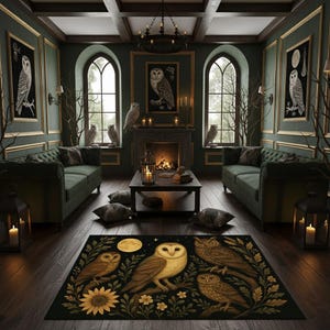 Golden Moonlit Owls Rectangular Rug – Nocturnal Bird Art Carpet – Nature Inspired Floor Decor for Living Room or Bedroom