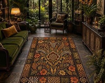 Tappeto botanico safari, tappeto floreale esotico, decorazione con stampa animalier, tappeto tropicale, tappeto di lusso di grande impatto.