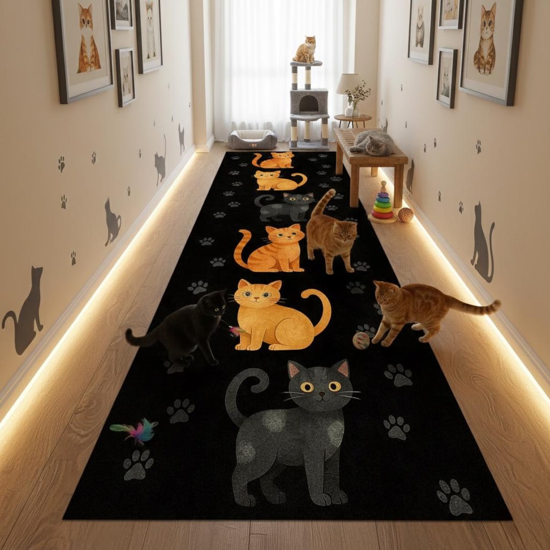 Cute Cat Kitchen Runner Rug – Black Background Long Carpet With Orange ...