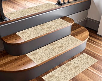 Beige Floral Stair Treads – Non-Slip Botanical Pattern Runners, Washable Soft Carpet Mats for Indoor Wooden Steps and Hallways