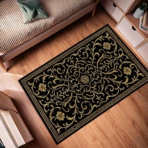 Black and Gold Baroque Rug – Elegant Vintage Scroll Carpet, Ornate Floral Area Rug, Gothic Regal Style Floor Mat