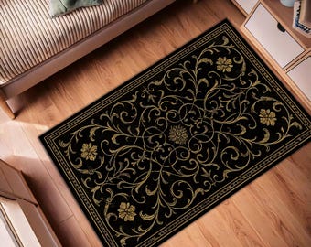 Tappeto barocco nero e oro: elegante tappeto vintage a volute, tappeto floreale decorato, tappetino da pavimento in stile gotico regale