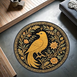 Bird Round Rug with Floral Border – Golden Vintage Bird Carpet for Boho Decor, Nature Themed Rooms, Living Spaces or Cozy Reading Corners