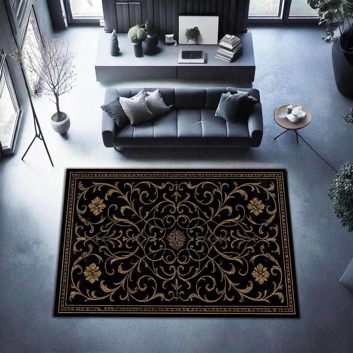 Black and Gold Baroque Rug – Elegant Vintage Scroll Carpet, Ornate ...