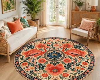 Tappeto rotondo con fenicotteri, tappeto floreale tropicale, tappeto circolare botanico, decorazione per la casa ispirata alla natura.