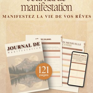 Peut inclure: Un journal intitulé "Journal de manifestation" avec le texte "Manifestez la vie de vos rêves." La couverture présente un paysage de montagne avec des lunes. Comprend 121 pages. Sont également présentées des pages ouvertes et un smartphone.