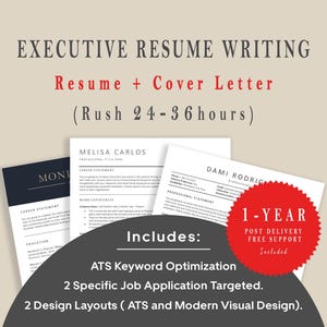 May include: An advertisement for executive resume writing services. The image features three resume samples, a red circular badge with "1-YEAR POST DELIVERY FREE SUPPORT Included", and text that reads "Resume + Cover Letter" and "Includes: ATS Keyword Optimization".