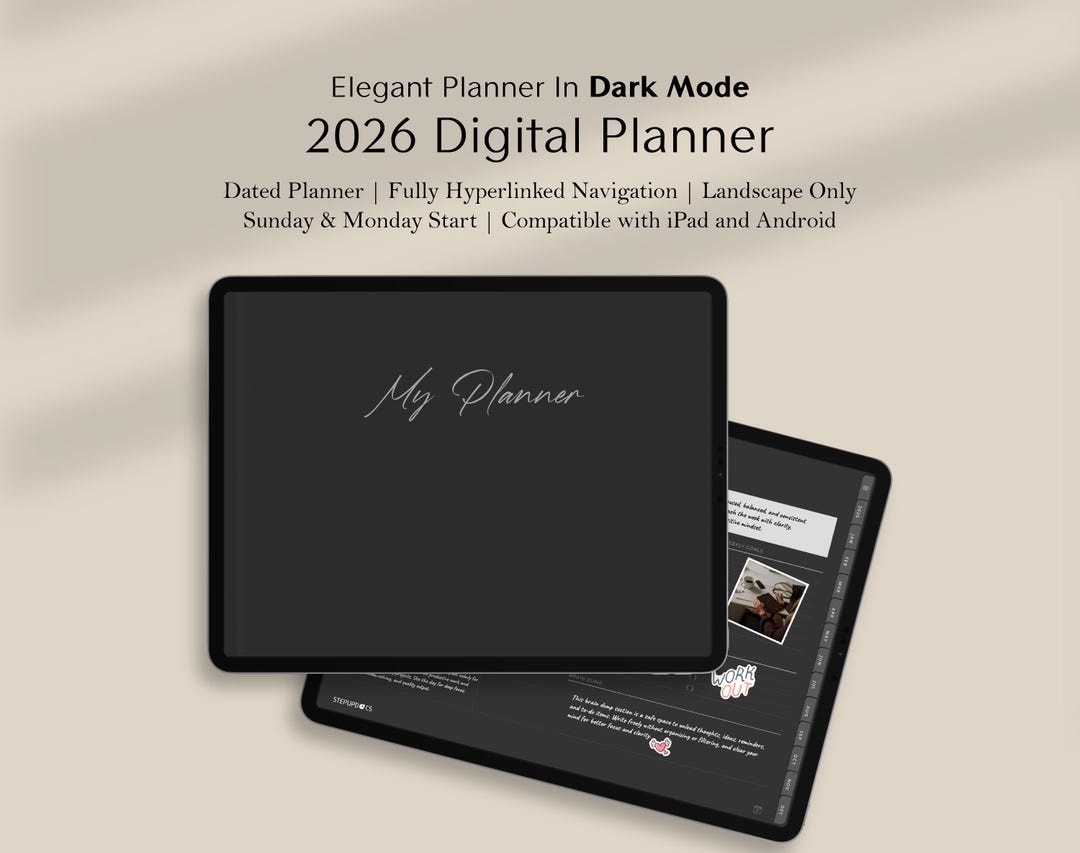 Simple Landscape Digital Planner 2026, Dark Mode Dated Planner ...