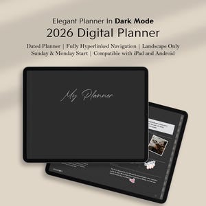 Simple Landscape Digital Planner 2026, Dark Mode Dated Planner, Goodnotes Noteability, Hyperlinked Life Planner, Digital Stickers, Journals