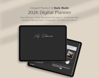 Simple Landscape Digital Planner 2026, Dark Mode Dated Planner, Goodnotes Noteability, Hyperlinked Life Planner, Digital Stickers, Journals