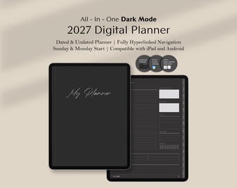 Agenda digital 2027 en modo oscuro / Con enlaces para GoodNotes, Notability e iPad / Paquete minimalista de agenda diaria, semanal y mensual, planificador de vida