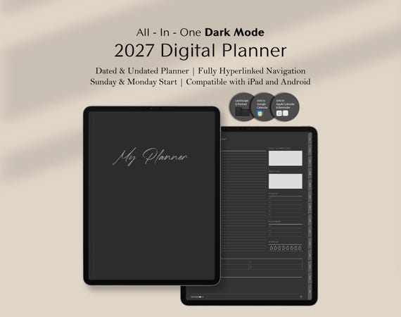 2027 Digital Planner Dark Mode | Hyperlinked for GoodNotes, Notability & iPad | Minimalist Daily Weekly Monthly Planner Bundle, Life Planner