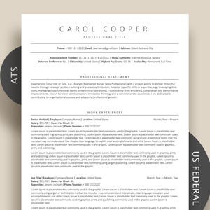 Federal Resume Template ATS Friendly Resume, Google docs resume for USA Jobs, Simple Resume, Clean Minimalist Resume Word CV Template Pages