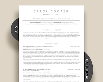 Federal Resume Template ATS Friendly Resume, Google docs resume for USA Jobs, Simple Resume, Clean Minimalist Resume Word CV Template Pages