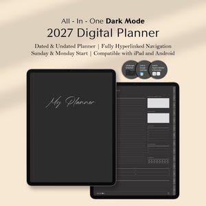 Digitale planner 2027 Donkere modus | Hyperlinks voor GoodNotes, Notability en iPad | Minimalistische dag-, week- en maandplanner bundel, Life Planner